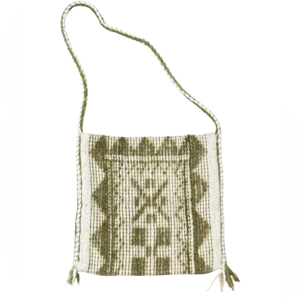 Vintage 1970s Wool Mexican Carpet Bag Purse Hand Woven Hand Embroidered Green